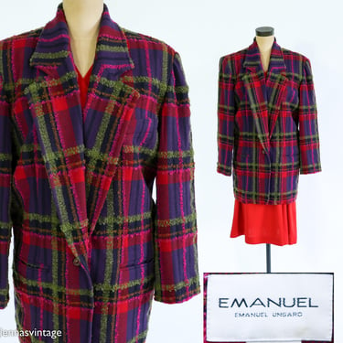 Emanual Ungaro | 1990s Red & Purple Plaid Blazer | 90s Burgundy Wool Plaid Blazer | Emanuel Ungaro | Large 