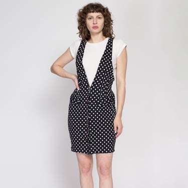 Sm-Med 80s Black & White Polka Dot Pinafore Mini Dress | Vintage Deep V Neck Racerback Button Up Suspender Dress 