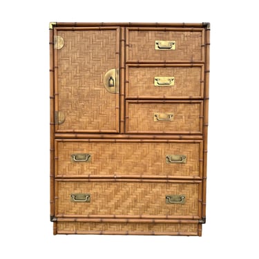 Rattan Armoire Dresser by Dixie with Faux Bamboo, Woven Herringbone Wicker and 5 Drawers - Vintage Campaign Hollywood Regency Coastal Chest 