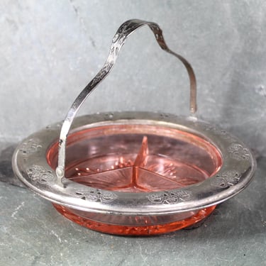 Antique Pink Depression Glass Divided Dish with Silver Toned Handle | Pretty in Pink! | Gorgeous 1950s Collector Dish | Bixley Shop 