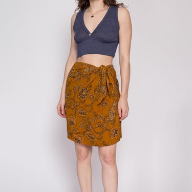 Vintage Silk Floral Paisley Mini Wrap Skirt Medium | 90s Boho Ochre A Line Miniskirt 