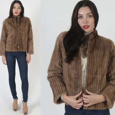 Vintage 80s SAGA Mink Coat / Real Brown Striped Fox Fur Coat / Designer Winter Corded Jacket With Pockets 