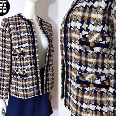 Iconic Vintage 60s Navy Beige Houndstooth Woven Tweed Blazer 