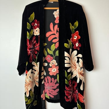 VTG Silky Velvet robe-jacket Black with colorful floral print~ bold statement Kimono vibes~ coverlet cardigan layer/ size Med open 