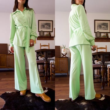Vintage 70’s Collegian of California Honey Dew Green Button-up Pointed Collar Tie Blouse Flared Pant Suit Set 