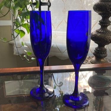 Pair Cobalt Blue Glass Champagne Flutes 