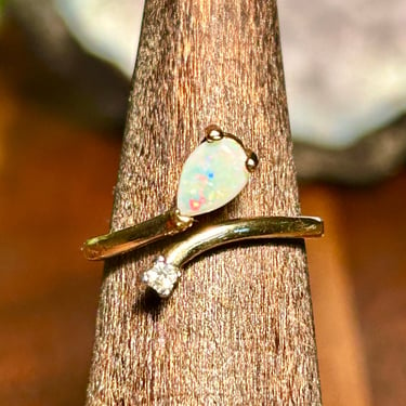 Sterling Opal Cubic Zirconia Bypass Ring Vintage Retro Mid Century Jewelry Gift 