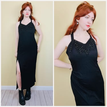 1980s Vintage Susan Roselli by Vijack Side Slit Wiggle Dress / 80s Black Rayon Acetate Beaded Fringe Dress / Size Large 