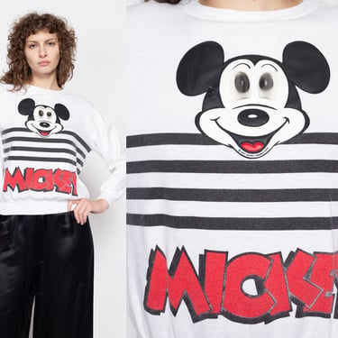 Medium 90s Mickey Mouse 3D Holographic Eyes Sweatshirt | Vintage White Disney Cartoon Graphic Crewneck 