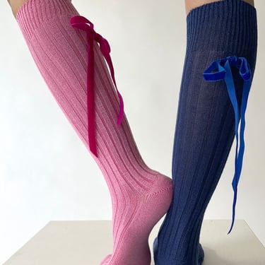 Maria La Rosa Velvet Bow Knee Sock - Blue on Garmentory