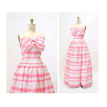 Vintage 80s 90s Pink White Striped Evening Ball Gown Dress Small Victor Costa// 80s 90s Vintage Strapless Party Wedding Gown Dress Small 