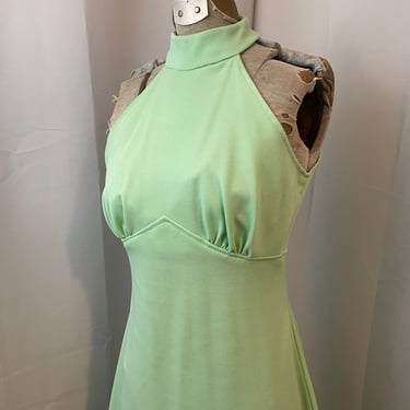 Halter Maxi Dress Gown 1970s Vintage Pastel Mint Green Boho Formal S M 