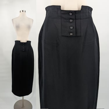 Vintage 90s Luciano Tempesta Size 10 Black Wool High Waisted Long Pencil Skirt 