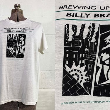 Vintage 1980s Billy Bragg Tee Brewing Up with Tshirt White T-Shirt Hanes Short Sleeve Paper Thin Worn Thrashed Single Stitch 80s 1984 XL 