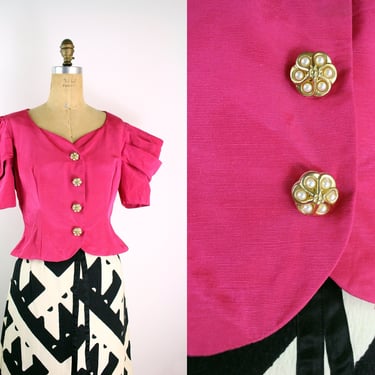 80s Hot Pink Party Top / Big Sleeves Blouse / Fuchsia Blouse / Prom / Barbie Pink Blouse 
