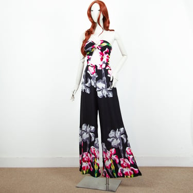 Vintage 90s Black Floral Maxi Jumpsuit Wide Leg Off The Shoulders Open Back Size S UK 8 