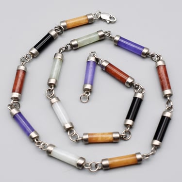 60's multi-colored jade barrels 925 silver choker, simple mid-century jadeite tubes & sterling caps necklace 