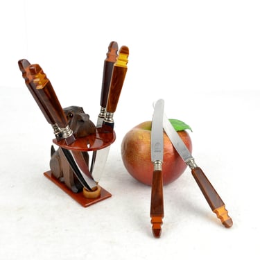 Art Deco Fruit Knife Set Catalin Bakelite Dachshund Dog Wood Carved Butterscotch Honey Amber Colors Fruit Knife Vintage Design 30s 