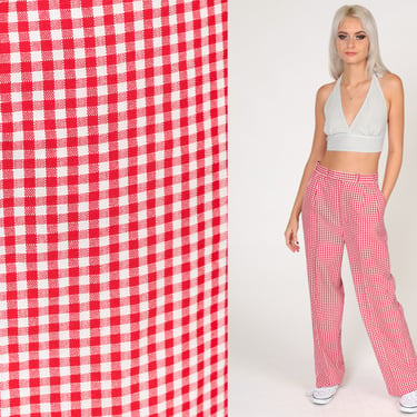 70s Gingham Pants Red White Checkered Trousers Pleated High Waisted Rise Straight Leg Vintage 1970s Retro Preppy Slacks Golf Small 27 