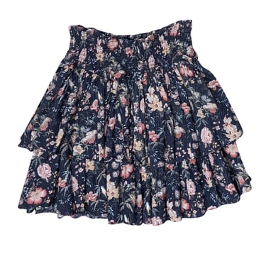 Rebecca Taylor - Washed Navy w/ Muted Floral Print Ruffled Skirt Sz M