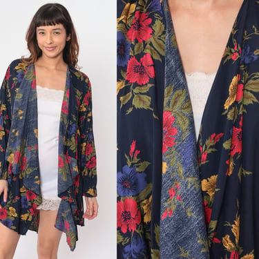 Navy Blue Floral Jacket 90s Open Front Cardigan Waterfall Cascading Flower Print Boho Hippie Summer Bohemian Vintage 1990s Aries woman Large 