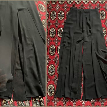 Vintage early ‘90s car wash skirt over palazzo pants | black crepe wide leg trousers with split panels, M 