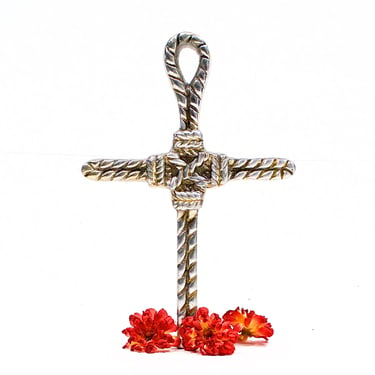 VINTAGE: 11.5" Wall Hanging Cross - Mexican Pewter - Cast Cross - Rope Cross - Silver Cross - Made in Mexico - SKU 23-A-00015185 