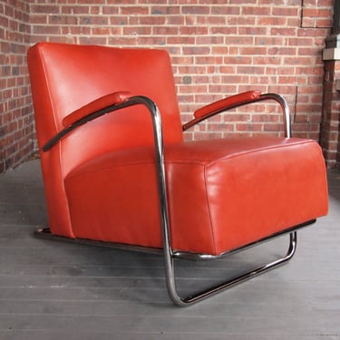 Art DECO Style LOUNGE CHAIR Arm Armchair, Chrome + Red Leather, Gilbert Rohde Machine Age Kem Weber Lloyd Mid-Century Modern eames knoll era 