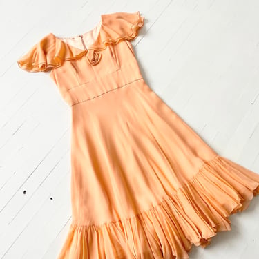 1970s Peach Chiffon Flutter Sleeve Dress with Corsage 