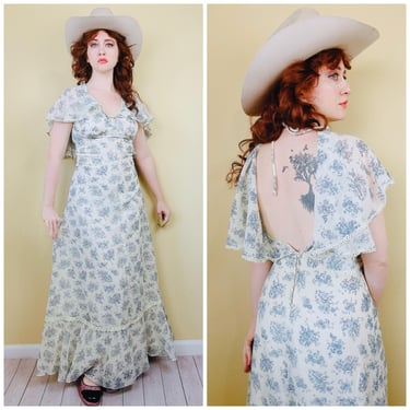 1970s Vintage Cotton Toile Print Prairie Dress / 70s Novelty Mandolin Flutter Sleeve Backless Maxi Gown / Small 