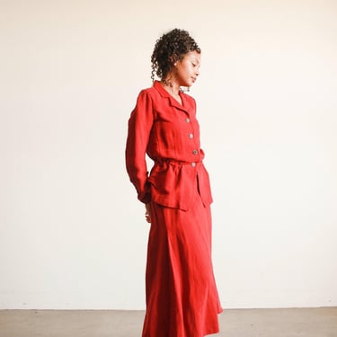 2000s Dries Van Noten Crimson Red Linen Bustle Skirt Set 