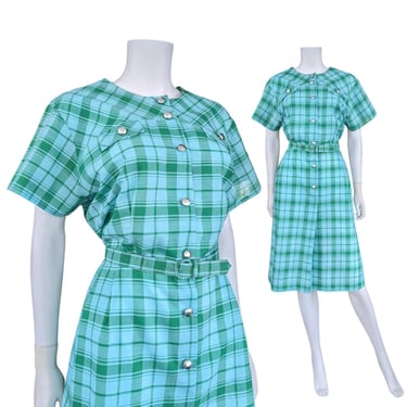 Vintage 1960s Plaid Shift Dress, Extra Large, Volup Green & Aqua Belted Shirt Dress with Pockets 