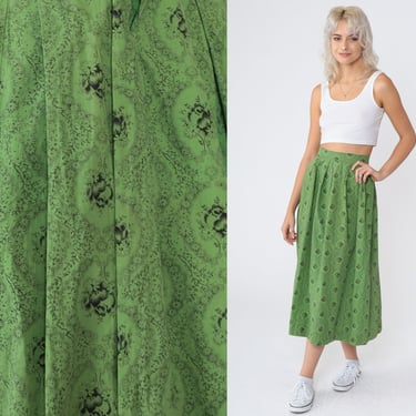 Green Floral Skirt 60s Midi Skirt Pleated High Waisted Calico Flower Rose Print Feminine Darling Sixties Cotton Vintage 1960s Extra Small xs 