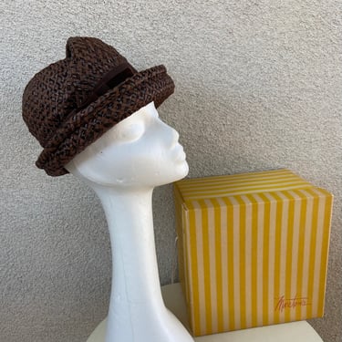 Vintage 60s handsome browns straw cello mix fibers hat boater brim sz 22” by Louis Original California with box 