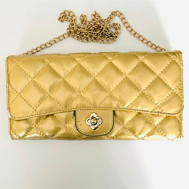90s Vintage Gold Patent Quilted Wallet On Chain Crossbody Bag 