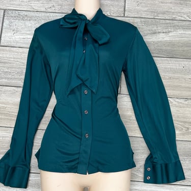 hunter green bow blouse 1970s secretary ascot button down medium 