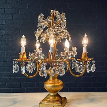 Italian Gilt Tole Floral Crystal Candelabra Table Lamp, c.1950’s 