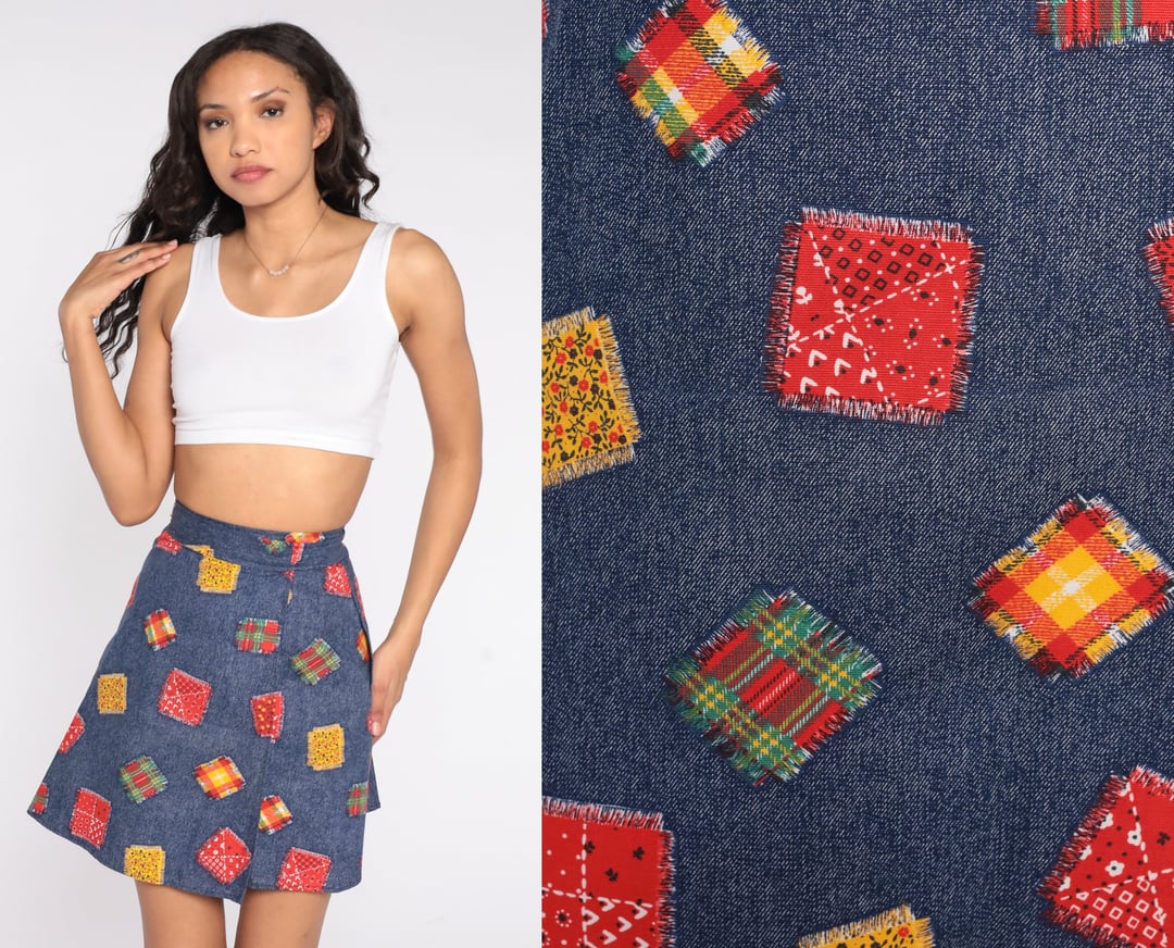 Patchwork Wrap Skirt 70s Blue High Waisted Mini Skirt Boho