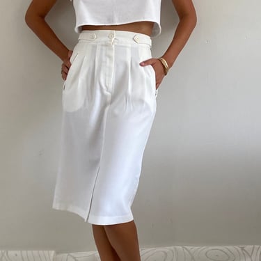 90s white skirt / vintage milk white rayon blend knee length pleated pocket wiggle skirt | 26 Waist Small 