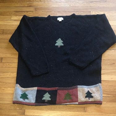 XL 90s Northern Isle Tree Knit Sweater Holiday Christmas Ugly Sweater Cute Grandma Oversized with Pockets Speckled Black 