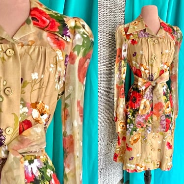 Vintage Button Down Dress, Earth Tones Floral, Flower Power, Sheer Sleeves, Linen Like Texture 