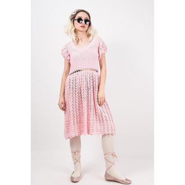 1940s dress / Vintage pink cotton crochet dress / Puff sleeve Medium 