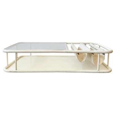 White Tubular Coffee Table with Glass Top and Sling Magazine Rack, 1980s