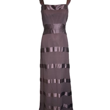 1930s Chocolate Brown Silk Chiffon and Satin Striped Evening Gown