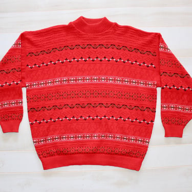 Vintage 1980s Ski Sweater, Fair Isle, Nordic, Christmas, Red, Geometric, Knit, Oversized 