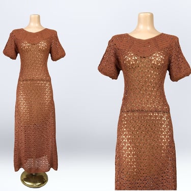 VINTAGE 1940s Rusty Mocha Hand Crocheted Dress | 40s WWII Sheer Crochet Long Dress | VFG 