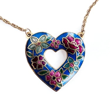 Vintage Cloisonné Heart Pendant, Open Heart Shaped Pendant with Red Flowers, Cloisonné Necklace, Red, Blue and Green Pendant, Gift for Her 