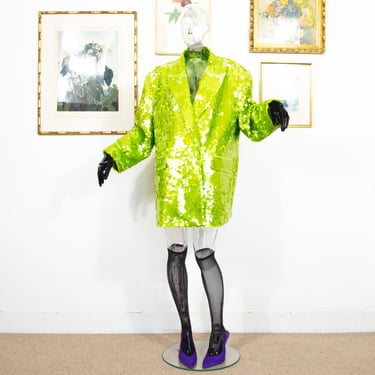 Vintage 1980s Acid Green Sequin Oversized Blazer Dress Double Breasted Size L 