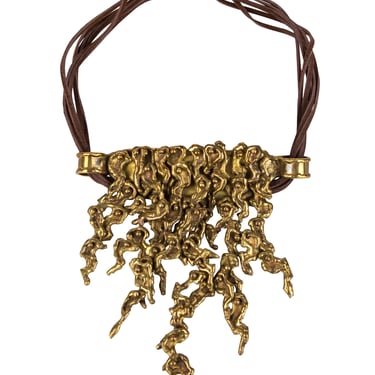 Pal Kepenyes Vintage Mid-Century Brutalist Sculptural Articulated Brass and Leather Statement Necklace