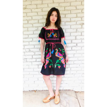 Neon Bird Hand Embroidered Dress // vintage sun Mexican black hand embroidered floral peacock hippie hippy mini 70s 70's 1970s 1970's // O/S 
